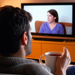 **A person relaxing on a sofa, watching a romantic comedy on TV with a cup of tea, after a stressful day at work. Soft, warm lighting.**