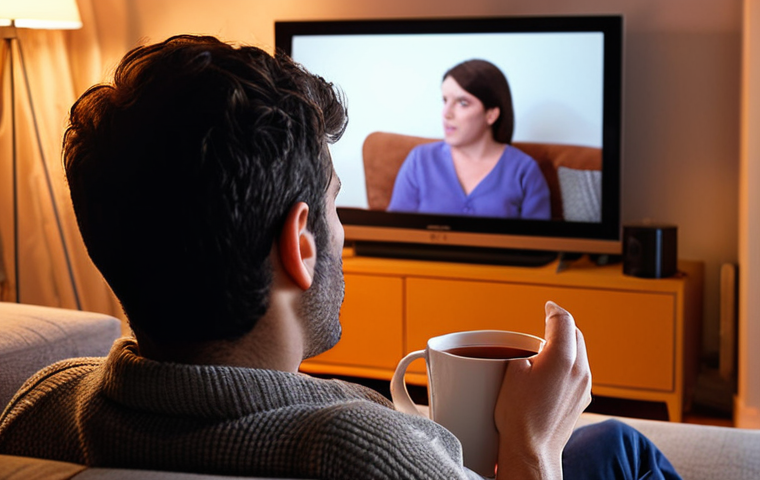 **A person relaxing on a sofa, watching a romantic comedy on TV with a cup of tea, after a stressful day at work. Soft, warm lighting.**