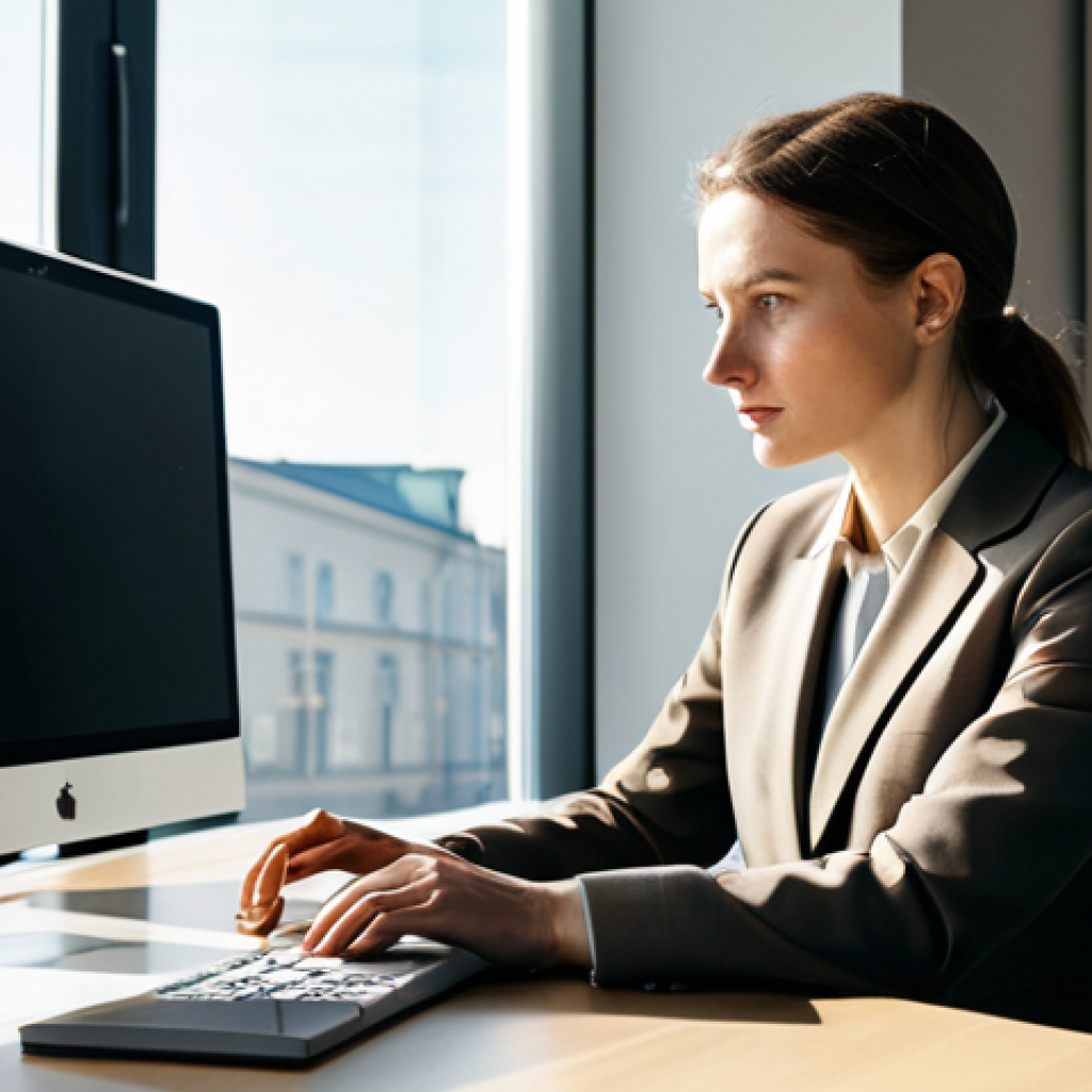 **
A woman in professional attire, a tailored business suit in muted earth tones, sits at a modern desk in a bright, open-plan office in Warsaw. Sunlight streams through the large windows. She is reviewing data on a computer screen, a focused expression on her face. Perfect anatomy, correct proportions, well-formed hands. Safe for work, appropriate content, fully clothed, professional.
**