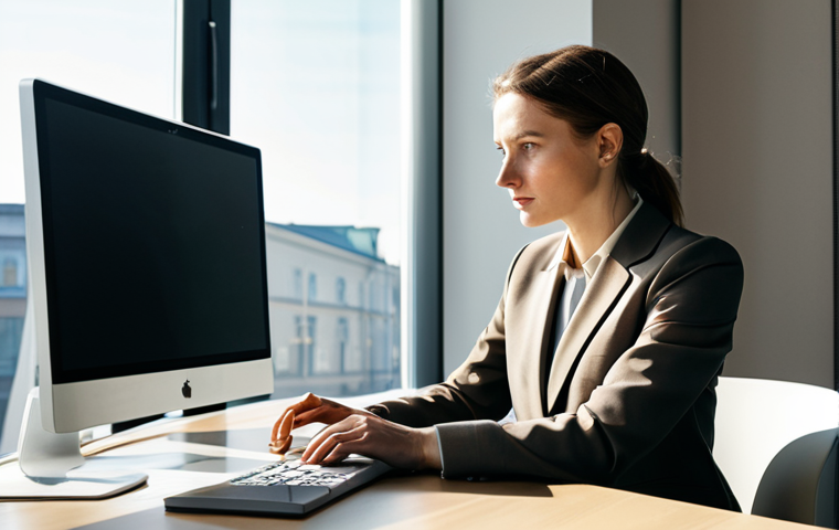 **
A woman in professional attire, a tailored business suit in muted earth tones, sits at a modern desk in a bright, open-plan office in Warsaw. Sunlight streams through the large windows. She is reviewing data on a computer screen, a focused expression on her face. Perfect anatomy, correct proportions, well-formed hands. Safe for work, appropriate content, fully clothed, professional.
**