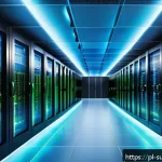 Home 21 AI 추천 시스템의 데이터 저장 및 처리 아키텍처 - A modern data center interior with multiple servers and cloud computing infrastructure, showcasing a...