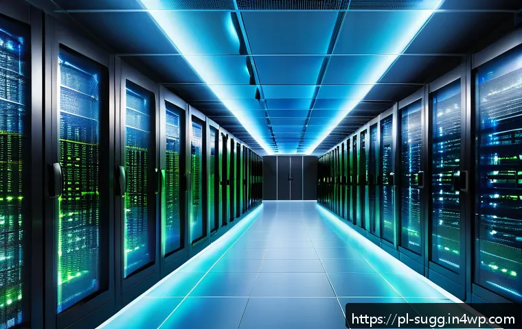 AI 추천 시스템의 데이터 저장 및 처리 아키텍처 - A modern data center interior with multiple servers and cloud computing infrastructure, showcasing a...