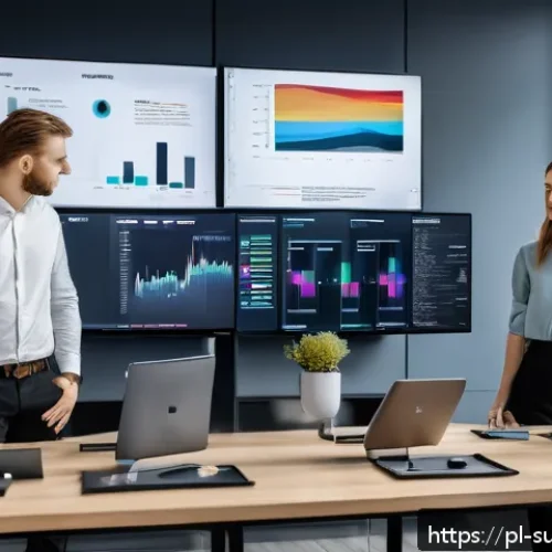 Home 28 AI 추천 시스템을 위한 분석 도구 비교 - A modern office workspace in Poland showcasing a team of diverse professionals analyzing advanced AI...