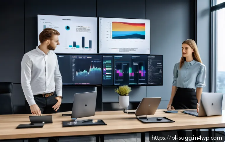 AI 추천 시스템을 위한 분석 도구 비교 - A modern office workspace in Poland showcasing a team of diverse professionals analyzing advanced AI...